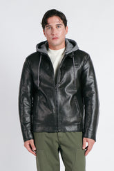 GIUBBOTTO BIKER CON CAPPUCCIO IN FELPA REMOVIBILE NERO